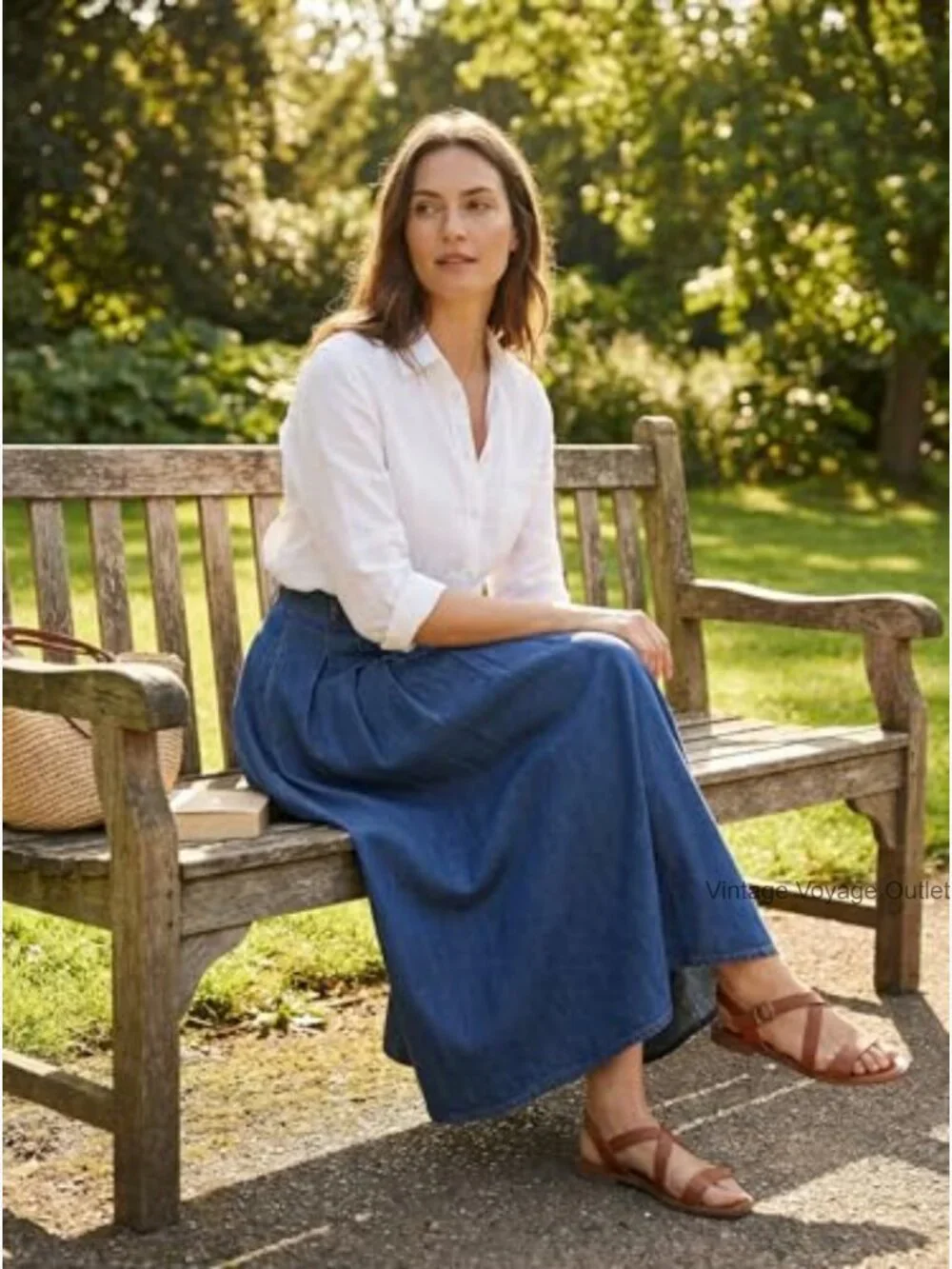 Maxi Denim Skirt High Waisted A-Line Pleated with Pockets Regular Fit - Picture 4 of 7